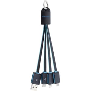 A multi-charge flat cable in black and blue, featuring multiple connectors and a keyring attachment.