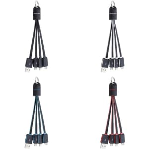 A multi-charge flat charge cable featuring four connectors in black, blue, and red, with a keyring attachment.