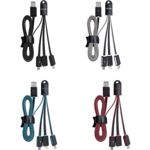 A set of four multi-charge flat charging cables in black, blue, and red, featuring various connector types and cable ties.