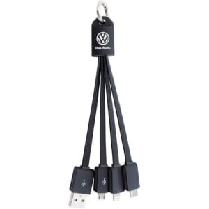 A black multi-charge flat cable with multiple connectors for different devices and a loop for attachment. It has a logo.
