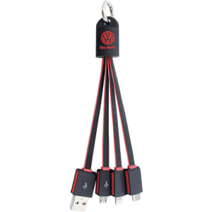 A flat charging cable in black and red with multiple connectors, featuring a logo and a keyring attachment.
