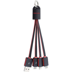 A flat charging cable with multiple connectors: USB, micro USB, and USB-C, in black with red accents and a logo.