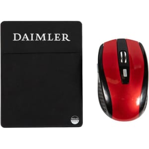 A red computer mouse alongside a black mouse pouch featuring a logo.