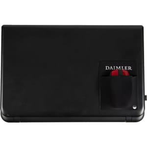 A black laptop with a side pouch containing a mouse, featuring a logo.