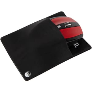 A black mouse pouch with a red computer mouse partially tucked inside. The pouch features a logo.