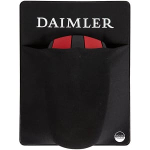 A black mouse pouch with a red and black mouse incorporated, featuring a logo at the top.