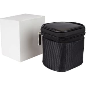 A black travel adaptor case with a textured finish, accompanied by a plain white box.