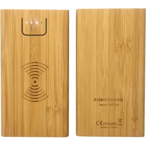 A bamboo wireless power bank in natural wood finish, featuring an LED indicator and engraved design.