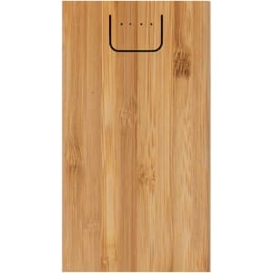 A bamboo wireless power bank in a natural finish, featuring a simple logo and three indicator lights.