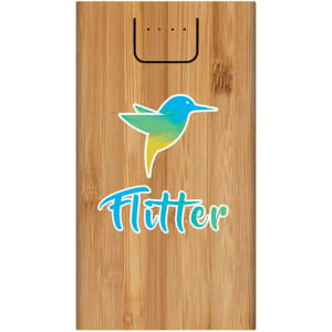 A bamboo wireless power bank in natural wood finish, featuring a colourful logo with a bird design.
