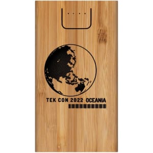 A bamboo wireless power bank with a globe design, featuring a logo and a natural wood finish.