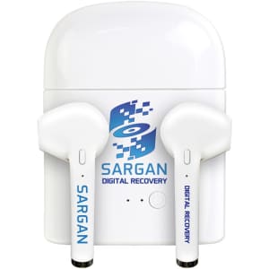 White true wireless stereo earphones placed in a charging case, featuring a logo on both the case and earbuds.