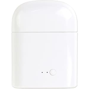 A white charging case for wireless earbuds with a small power button and indicator lights.