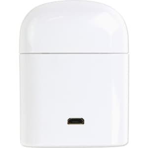A white charging case for true wireless stereo earphones, featuring a small port at the bottom.