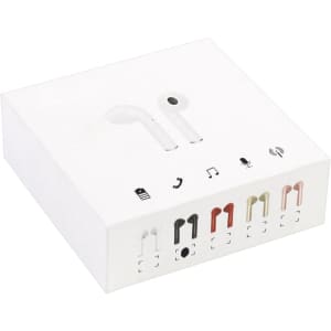 A white box containing Zoe True Wireless Stereo Earphones, featuring a minimalist design and various coloured ear tips.