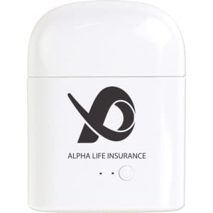 A white charging case for true wireless earphones with a branding logo on the front.