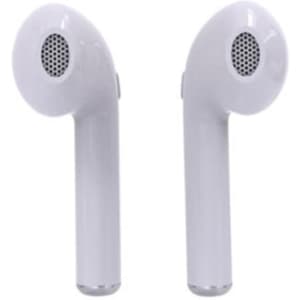 White true wireless stereo earphones with a sleek design and a built-in logo.