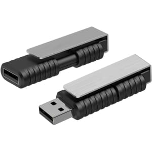 A black and silver Meridian Flash Drive with a retractable design, featuring a sleek metal cover and rubber grip.
