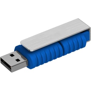 A blue and silver USB flash drive with a textured body and a metal clip for portability.