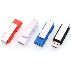 Four Meridian Flash Drives in red, white, blue, and silver, featuring a metallic clip and textured grip.