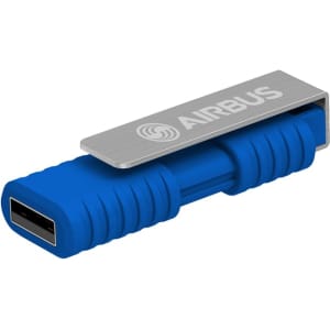 A blue flash drive with a metallic silver clip featuring a logo.