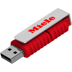 A red USB flash drive with a silver casing and a logo on the side.