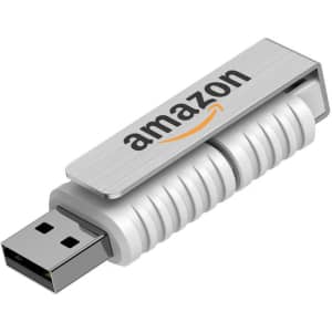 A silver and white flash drive with a logo, featuring a ribbed design and a retractable connector.