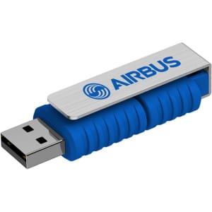 A blue flash drive with a silver metallic clip and branding. The drive features a ribbed design for grip.