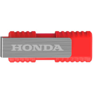 A red flash drive with a silver metal section and a logo, designed for promotional purposes.