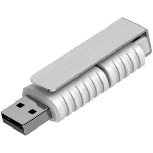 A white and silver USB flash drive with a sleek design and a metal clip. It features a logo on the surface.