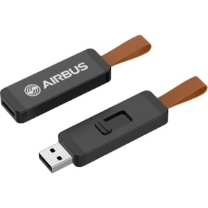 A black USB flash drive with a brown strap, featuring a logo on one side.