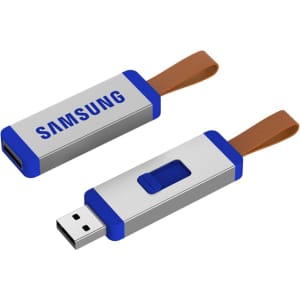 A silver and blue flash drive with a brown strap and a brand logo on its side.