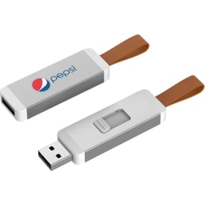 A silver and white flash drive with a brown strap and a logo.
