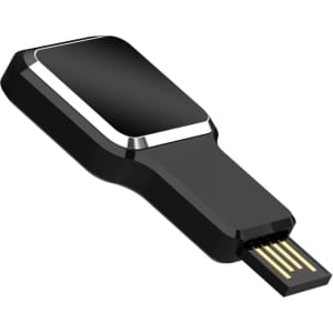 A black flash drive with a sleek design and a silver trim. It features a USB connector for easy access.