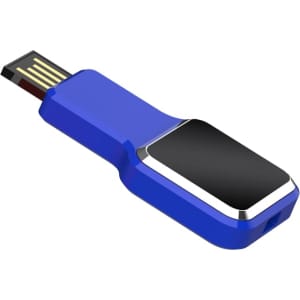 A blue flash drive with a sleek design and a black panel, featuring a connector at one end and branding on the side.