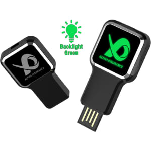 A black flash drive with a green backlight and a branding logo. Features a compact design for easy portability.