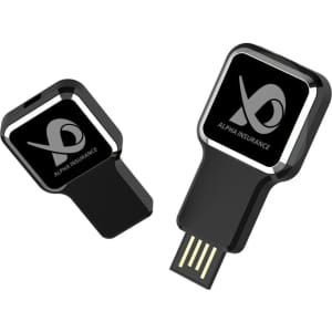 A black flash drive with a sleek design and a logo on the surface. Two angles are visible.
