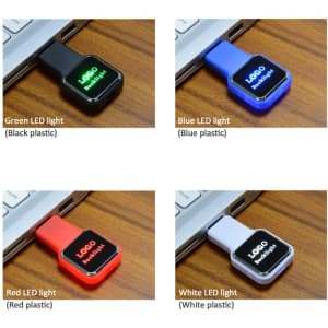 A flash drive in four colours: black with a green LED, blue, red, and white with corresponding LED lights, each featuring a logo.