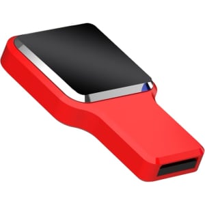 A red Oatley flash drive with a sleek, rounded design and a glossy black top. Features a logo on the side.