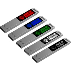 A set of four LED flash drives in silver with illuminated panels in red, blue, green, and black. Each has a logo.