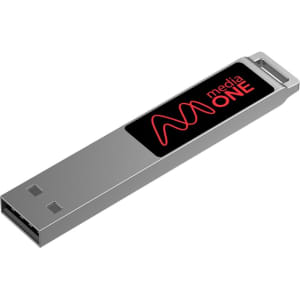 A silver LED flash drive with a branded section featuring red graphics.