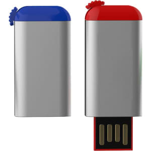 Two flash drives, one with a blue cap and the other with a red cap, both featuring a silver body and a logo.