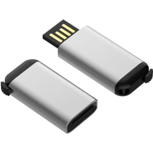 A silver flash drive with a black end and a removable cap, featuring a USB connector.