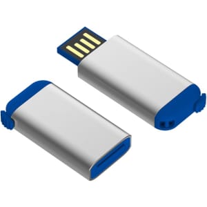 A silver and blue flash drive with a removable cap and a USB connector. It features a sleek, metallic design.