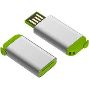 A silver and green flash drive with a retractable USB connector and a branded logo on the side.