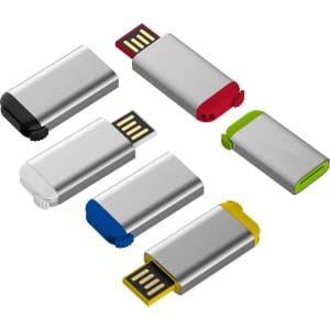 A collection of six rectangular flash drives in silver with coloured caps, including black, red, green, blue, and yellow.