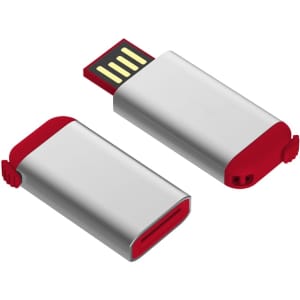 A red and silver flash drive with a retractable USB connector. The product has a smooth metallic finish and a branding logo.
