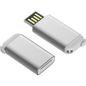 A silver flash drive with a detachable cap and a USB connector, featuring a logo on its surface.