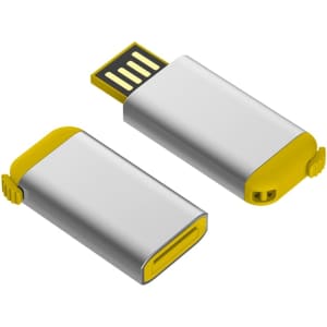 A silver flash drive with yellow accents, featuring a USB connector and a small removable cover.