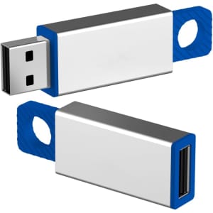 A blue and silver USB flash drive with a looped end and a branding logo.